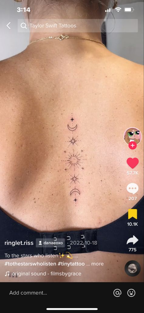 Star Tattoos Spine, Taylor Swift Spine Tattoo, Star Spine Tattoos For Women, Star Spinal Tattoo, Tiny Spine Tattoo, Spine Star Tattoos For Women, Taylor Swift Tattoo You Drew Stars, Feyre Spine Tattoo, You Drew Stars Around Scars Tattoo