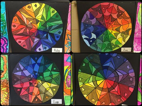 Middle School Color Wheel Projects, 1st Grade Color Wheel Art Project, Color Wheel Art Projects Middle School, Color Wheel Art Projects Elementary, Creative Color Wheel Projects, Mandala Color Wheel, Color Wheel Mandala, Colour Wheels, Color Wheel Art Projects