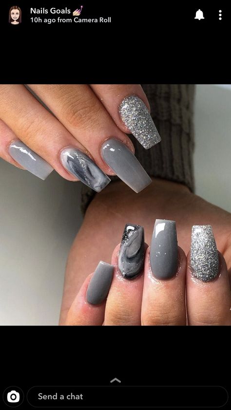 Grey Color Nails Designs, Gray Acrylic Nails Coffin Design, Grey Black And Silver Nails, Dark Grey Acrylic Nails Design, Short Gray Nails With Design, Gray Nails Ideas Classy, Black Gray Silver Nails, Gray Nail Designs Fall, Grey Nails With Sparkle