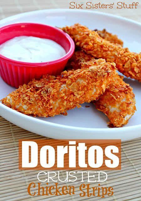 Dorito Crusted Chicken, Chicken Tender Salad, Chicken Strip Recipes, Dorito Chicken, Honey Mustard Dipping Sauce, Six Sisters Stuff, Chicken Fingers, Chicken Strips, Crusted Chicken