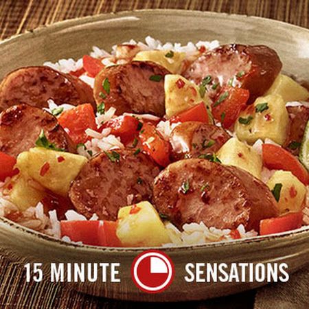 Hawaiian Pineapple Sweet & Sour Smoked Sausage    Check out our Cookware Spotlight for this recipe: http://bit.ly/1nqIRyn Cuban Beans And Rice, Cuban Beans, Sweet Chili Garlic Sauce, Smoked Sausage Recipes, Beans And Rice, Spicy Sausage, Chili Garlic Sauce, Chicken Sausage, Smoked Sausage