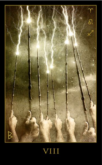 Eight of Wands Tattoo - Tarot meaning The Eight of Wands represents a very focused kind of motion and activity. The Eights are all about structure while the Wands are about raw energy. Thus, the structure of the Eight creates a channel through which the raw energy can flow. You are so sure about your goal that all distractions have been removed and you can devote yourself to the task with complete concentration, determination, and will. 8 Of Wands, Eight Of Wands, Tarot Decks Art, Wand Tattoo, Wands Tarot, Tarot Meanings, Tarot Cards Art, Minor Arcana, Tarot Art