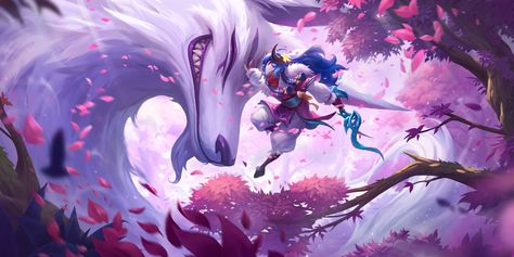 Spirit Blossom Kindred, Lambs And Wolves, Spirit Blossom, Zed League Of Legends, Ahri Lol, Cyborgs Art, Kindred Spirit, League Of Legends Characters, Splash Art