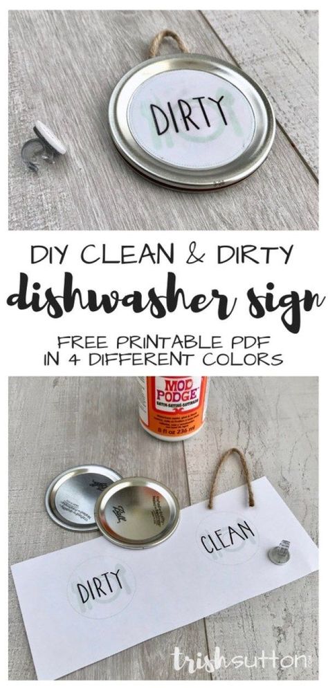 DIY Dishwasher Sign with Clean Dirty Free Printable; no magnet needed. TrishSutton.com #dishwasher #freeprintable #diy Clean Dirty Dishwasher Sign Printable, Clean Dirty Dishwasher Sign, Dishwasher Sign, Homemade Cleaning Supplies, Mason Jar Lid, Diy Home Accessories, Dishwasher Magnet, Mason Jar Lids, Cricut Designs