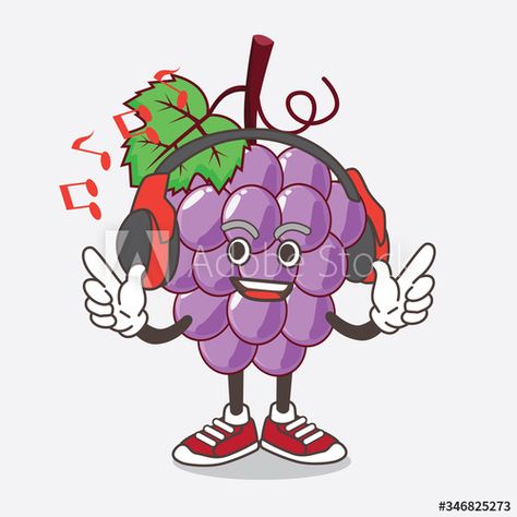 Grape Character, Listening Music, Fruit Cartoon, Cartoon Mascot, Mascot Character, Art Fonts, Digital Illustration, Headset, Sonic The Hedgehog