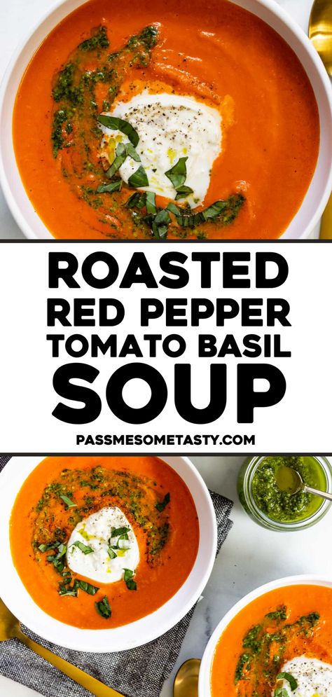 Roasted Red Pepper Tomato Basil Soup - Roasted red bell peppers, tomatoes, onions, and garlic are the foundation of this simple and incredibly tasty soup. This soup is full of flavor and so easy to make requiring only 30 minutes from start to finish! A perfect side with sandwiches, salads, and more! Red Bell Pepper Soup, Tomato Red Pepper Soup, Bell Pepper Soup, Tomato Basil Soup Recipe, Roasted Tomato Basil Soup, Roasted Red Pepper Soup, Red Pepper Soup, Garlic Soup, Roasted Tomato Soup