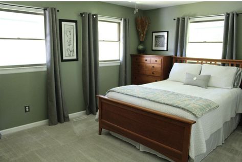 Wall color is Milkweed Pod by Behr Behr Milkweed Pod, Milkweed Pod Behr Paint, Sage Walls, Milkweed Pods, Pond Painting, Painting Walls, Mahogany Furniture, Behr Paint, Green Bedroom