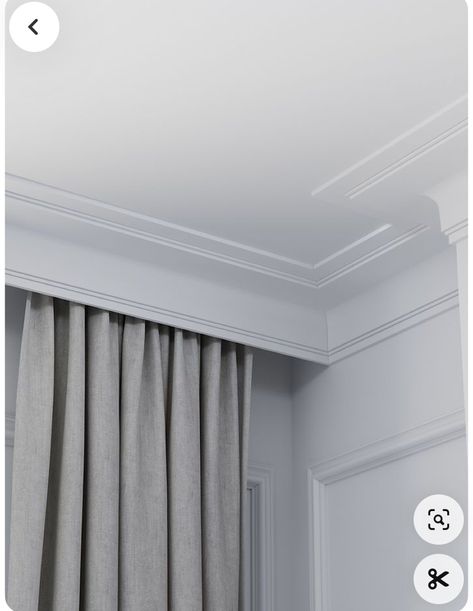 Drapes With Crown Molding, Cornice Curtain Ideas, Bedroom Pelmet Ideas, Modern Pelmet Ideas, Art Deco Cornice, Art Deco Wainscoting, Pelmets Ideas Modern, Modern Cornice Design, Pelmet Ideas Modern