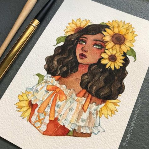 Watercolor Artist Margaret Morales | Watercolor | ARTWOONZ Margaret Morales, Female Drawings, Human Drawings, Sunflower Girl, My Sunflower, Random Sketches, Illustration Art Girl, Arte Inspo, Art Drawings Sketches Creative