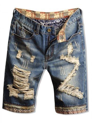 Casual Ripped Design Denim Shorts - DENIM DARK BLUE - 38 Pirate Shorts, Male Jeans, Summer Denim Shorts, Lightweight Jeans, Summer Shorts Denim, Ripped Jeans Men, Straight Fit Denim, Jeans Models, Ripped Jean Shorts