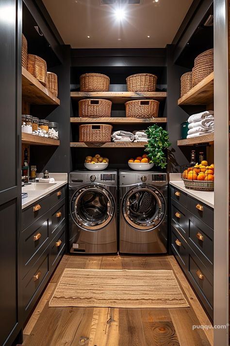 Laundry Room Into Pantry, Farm Style House Decor, Laundry Room In Closet Ideas, Modern House Laundry Room, Landry Designs Room, Laundry Room Ideas Decor, Butlers Pantry Laundry Room Combo, Laundry Pantry Combo Ideas, Dark Laundry Room