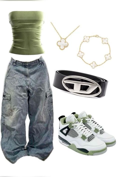 Outfit With Retro 4 Jordans, Green Outfit Streetwear, How To Style Jordan 4, Retro 4 Outfits, Outfit With Jordan 4, Green Shirt Outfit Ideas, Jordan Retro 4 Outfits, Jordan 4 Fits, Jordan 3 Outfit