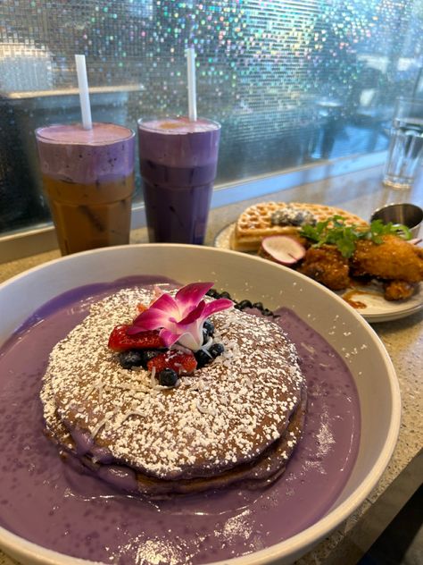 ube pancake Ube Aesthetic, Ube Pancakes, Ube Cake Aesthetic, Ube Mochi Pancakes Recipe, Ube Mochi Pancake Mix Recipe, Ube Cheese Pandesal Recipe, Aesthetic Food, Pancakes, Breakfast Brunch