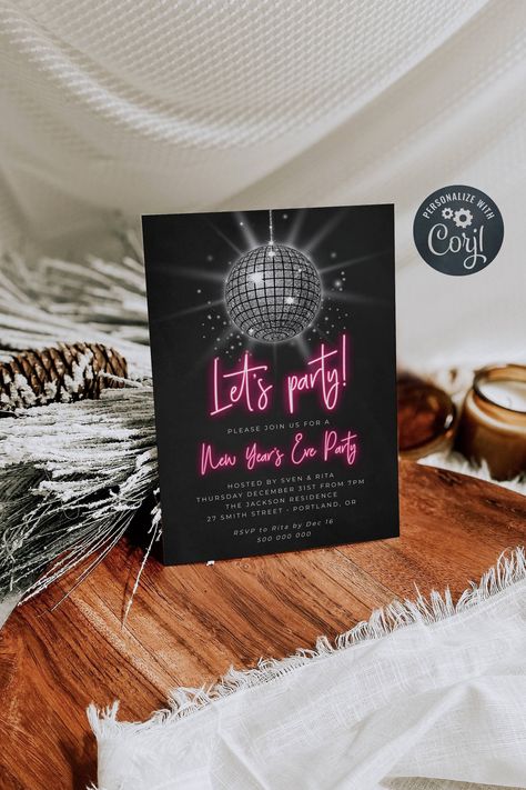 Neon Disco Invitation, Disco Glam Party Invitation, Disco Ball Invitation Template, Save The Date Disco Party, Neon Invitation Design, Disco Party Invites Invitation Templates, Disco Party Sign, Disco Theme Party Invitations, Disco Ball Party Invitation