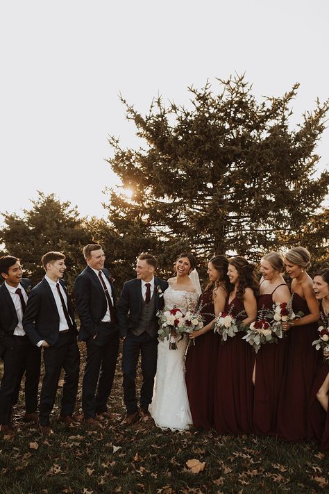 Cranberry Wedding Colors Winter, Burgundy And Neutrals Wedding, Wine Red Bridal Party, Dark Wine Bridesmaid Dress, Mulberry Winter Wedding, Burgundy Wedding Bridal Party, Maroon Wedding Theme Groomsmen, Cabernet Wedding Party, Burgundy Bridal Party Groomsmen