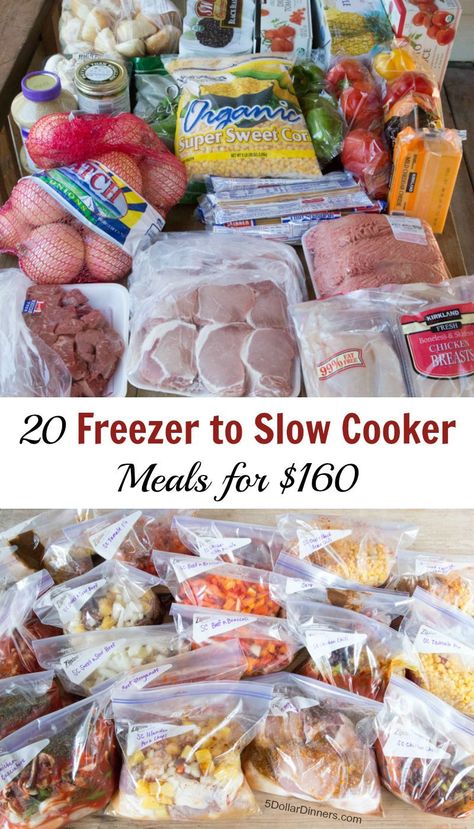 20 Freezer To Slow Cooker for $160 Meal Plan! (Good for ANY Store) This costs as low as $2.49 - what a deal to calm the always hectic September back-to-school month!!! It comes with shopping lists, recipes, and even how-to video if you want!    happydealhappyday.com Slow Cooker Freezer Meals, Slow Cooker Meals, Meal Plan Grocery List, Freezable Meals, Freezer Meal Planning, Make Ahead Freezer Meals, Freezer Meal Prep, Monthly Meal Planning, Dump Meals