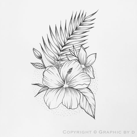 Hawaii Plant Tattoo, Tropical Tattoo Design, Hibiscus Tattoo Outline, Hawaii Flowers Aesthetic, Beach Flower Tattoo, Tropical Sleeve Tattoo For Women, Tropical Tattoo Ideas, Small Tropical Tattoo, Tropical Plant Tattoo