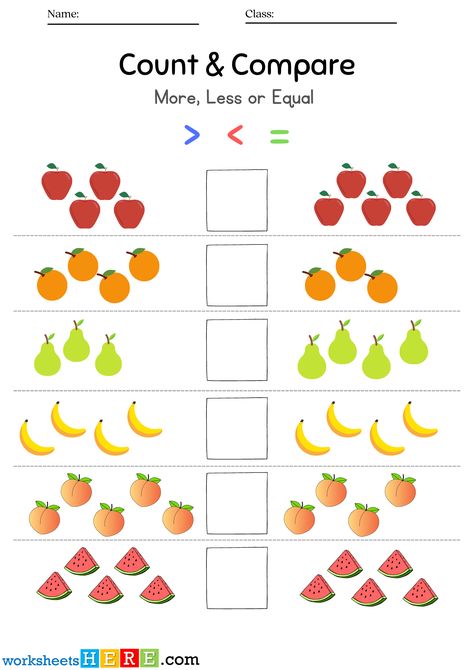 Count and Compare, Greater Less or Equal Pdf Worksheets For Kids - WorksheetsHere.com Equal Worksheet Kindergarten, Equal Sets Worksheets Kindergarten, Counting Change Worksheets, Counting One To One Correspondence, Count And Match The Correct Number, Rote Counting, The Teacher, Worksheets For Kids, Kindergarten