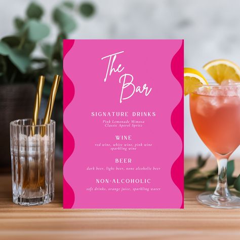 Pink Menu Design, Drinks Menu Design, Retro Wedding Theme, Drink Menu Design, Wedding Drink Sign, Wedding Bar Menu Sign, Menu Stand, Bar Menu Sign, Floral Wedding Stationery