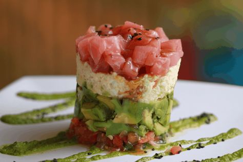 Neches River Wheelhouse Tuna Tower | Goodtaste with Tanji Tuna Tower Recipe, Sriracha Ranch, Tuna Tower, Mini Empanadas, Chipotle Peppers In Adobo Sauce, Jumbo Lump Crab, Chicken Empanadas, Pumpkin Custard, Tuna Avocado