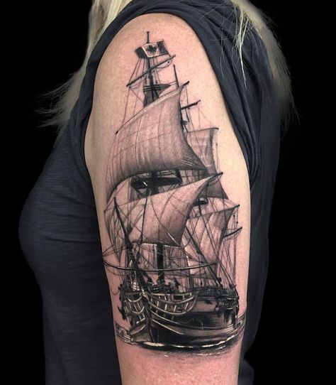 Boating Tattoo, Ship Tattoo Ideas, Ship Tattoo Sleeves, Pirate Ship Tattoos, Pirate Ship Tattoo, Boat Tattoo, Instagram Portfolio, Pirate Tattoo, Navi A Vela