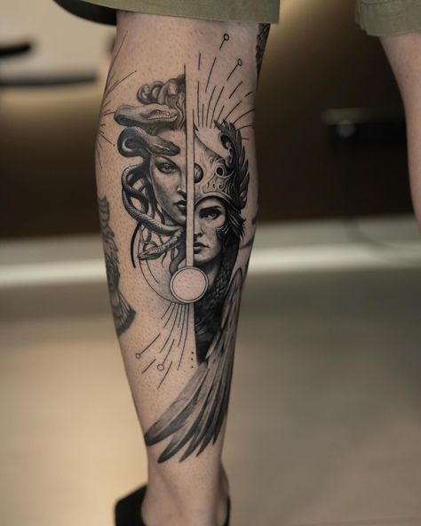 Medusa and Athena: ancient gods come alive in our art #praguetattoo #concepttattoo #realistictattoo #tattooist #medusatattoo #blacktattoo Greek Tattoos Leg Sleeve, Zeus And Athena Tattoo, Medusa Band Tattoo, Back Tattoo Women Greek Mythology, Medusa Athena Tattoo, Greek Goddess Sleeve Tattoo, Greek Goddess Athena Tattoo, Athena And Medusa Tattoo, Greek Mythology Tattoos Women