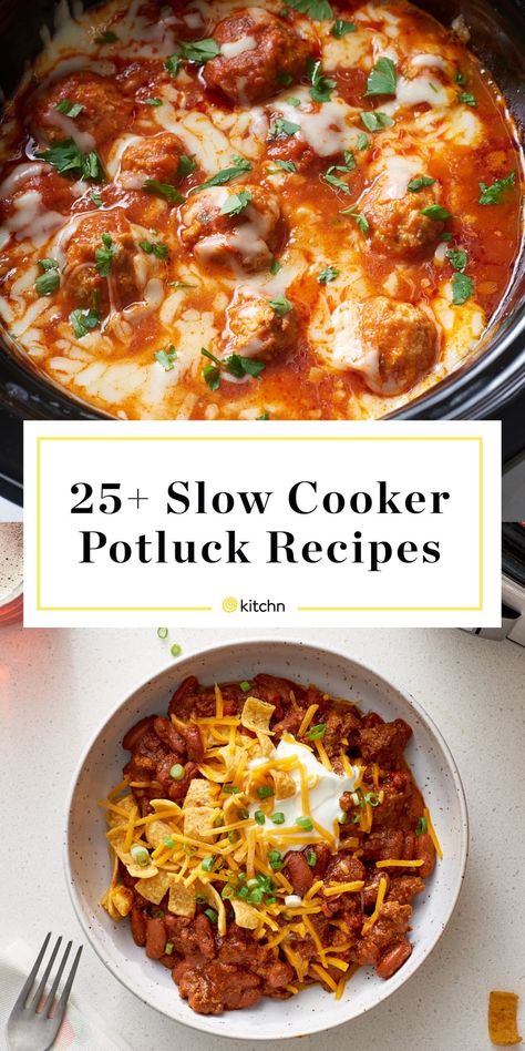 25+ Easy and Delicious Slow Cooker Potluck Recipes:  Important news: Your slow cooker is good for a lot more than helping your meal prep sessions and making drop dinners on busy weeknights. It’s also your number-one ally for pulling together something seriously delicious (and easy!) for your next potluck. #potluckrecipes Potluck Dishes Crockpot, Slow Cooker Potluck, Office Potluck Recipes, Potluck Recipes Crockpot, Crockpot Potluck, Healthy Potluck Recipes, Church Potluck Recipes, Best Potluck Dishes, Main Dish For Potluck