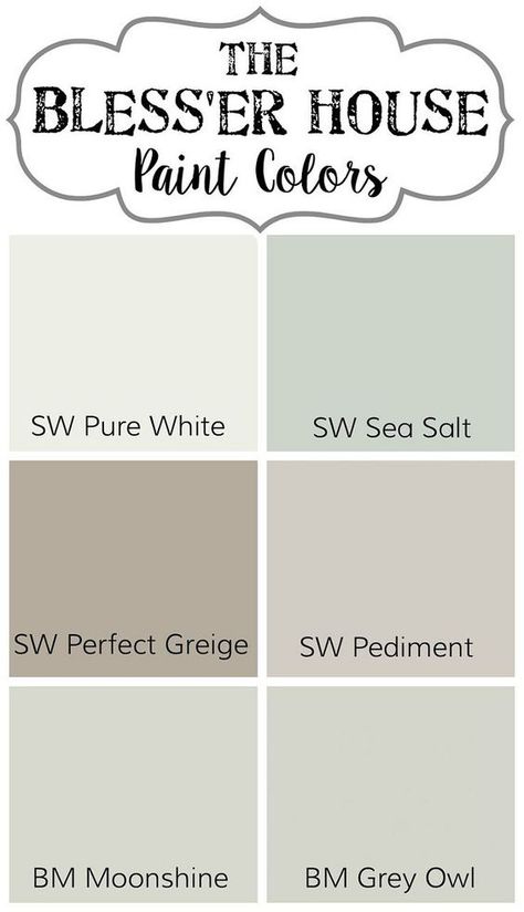 Soothing Paint Colors. Soothing Interior Paint Colors Sherwin Williams Pure White. Sherwin Williams Sea Salt. Sherwin Williams Perfect Greige. Sherwin Williams Pediment. Benjamin Moore Moonshine. Benjamin Moore Grey Owl #SoothingInteriorPaintColors #SoothingPaintColors #SherwinWilliamsPureWhite #SherwinWilliamsSeaSalt #SherwinWilliamsPerfectGreige #SherwinWilliamsPediment #BenjaminMooreMoonshine #BenjaminMooreGreyOwl Via The Blesser House Soothing Paint Colors, Benjamin Moore Grey Owl, Designer Paint Colors, Sea Salt Sherwin Williams, Interior Paint Colors Schemes, Farmhouse Paint Colors, Farmhouse Interior Design, Farmhouse Paint, Paint Color Schemes