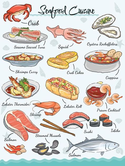 Seafood Doodle, Seafood Drawing, Squid Illustration, Seafood Illustration, Seafood Cuisine, Prawn Fish, Seafood Art, Drink Doodles, Food Paintings