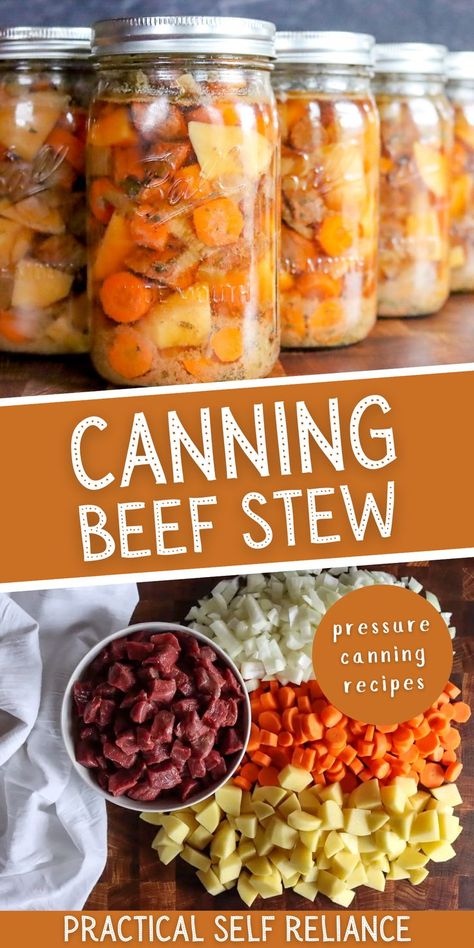 home canned beef stew in jars and raw stew meat, onions, carrots, and potato chopped up. Can Beef Stew, Canning Beef Stew, Canning Beef, Canning Soup Recipes, Sup Daging, Easy Canning, Pressure Canning Recipes, Easy Beef Stew, Preserve Food