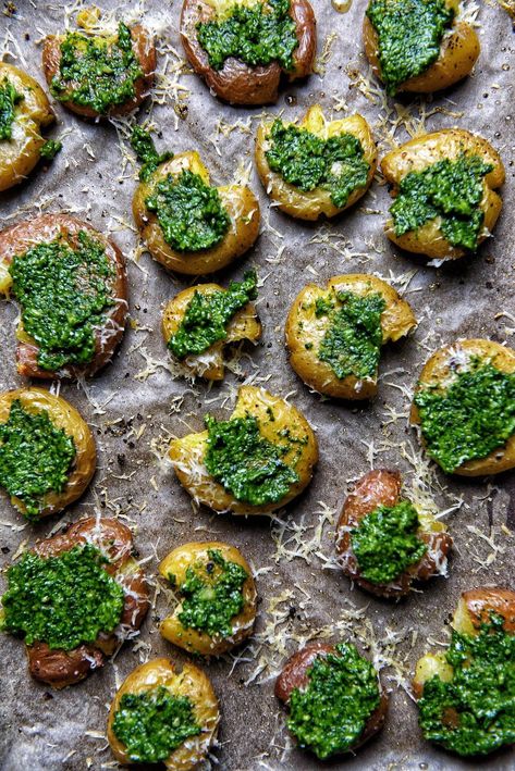 Smashed Potatoes with Vegan Cilantro Dill Pesto Herb Pesto, Garlic Pesto, Crispy Smashed Potatoes, Smashed Potatoes, Garlic Herb, So Delicious, Potato Recipes, Side Dish Recipes, Granola