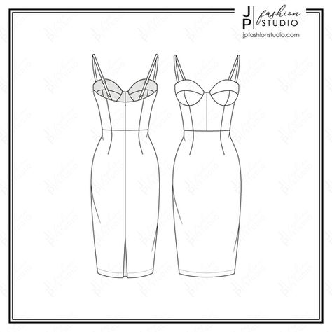 JPFashionStudio was created to offer high-quality digital fashion templates that can be used by other fashion designers as well as fashion companies. Corset Dress Illustration Fashion, Flat Sketches Front And Back, Bustier Technical Drawing, Digital Dress Illustration, Bodycon Dress Flat Sketch, Flat Sketches Dress Front And Back, Dresses Technical Drawing, Corset Dress Drawing Sketches, Dress Flats For Women