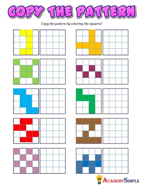 #academysimple#worksheets #printable #primaryschool #elementaryschool #academia #kidsactivitiesij #activitiesforkids #cram #homeschooling #educationalresources #download #pdf #practice #learning #studentfocusededucation #education #Grade1 #Kindergarten #preschool #shapesandpatterns #copythepattern #colors #patterns #earlycoding #codingforkids #patternsforkids Pattern Grading, Pattern Worksheet, Coding For Kids, Math Worksheet, Preschool Kids, Primary School, Grade 1, 2nd Grade, Educational Resources