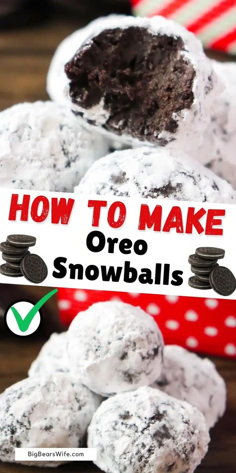 These fun treats are made with crushed OREO cookies and then rolled in powdered sugar for the perfect “snowy” looking dessert! Perfect for any holiday or Christmas party!  via @bigbearswife Winter Themed Desserts, Non Bake Desserts, Oreo Balls Christmas, Snowballs Recipe, Southern Recipes Desserts, Crushed Oreo, Oreo Cookie Balls, Cookie Sandwich Recipes, Banana Split Dessert