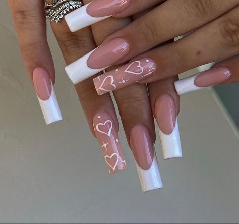 Simple French Tip, Acrylic Nails Square, Acrylic Nails Long, Nails Long Square, French Tip Design, S Nails, Heart Nail Designs, Colored Acrylic, Colored Acrylic Nails