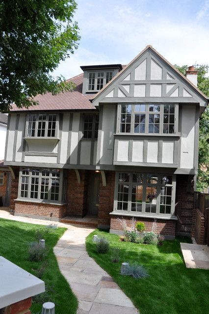 Modern English Exterior, 1920s House Exterior, Modern Tudor House Exterior, Tudor Exterior Paint, English House Exterior, Pub Exterior, Brown Brick Exterior, Bavarian Castle, Tudor Exterior