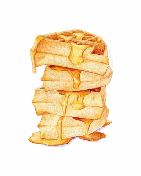 Waffles Stack with Syrup | Watercolor and colored pencil illustration by by Kendyll Hillegas Perspective Painting, Food Paintings, Drawing Perspective, Blueberry Bagel, Painting Food, Glazed Doughnuts, Bagel Cream Cheese, Urban Sketch, Food Illustration Art