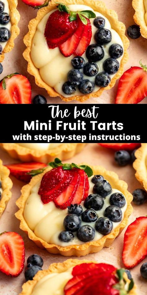 These mini fruit tarts are made with easy and buttery tart shells, filled with homemade pastry cream, and topped with fresh fruit Fruit Tart Recipe Mini, Fruit Tart Recipe Easy, Easy Fruit Tart, Mini Tart Recipes, Easy Tart Recipes, Mini Fruit Tarts, Fruit Tart Recipe, Fruit Tarts, Tart Filling