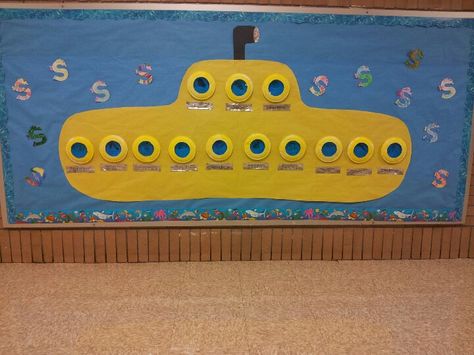 S is for submarine Submarine Bulletin Board, Kindy Art, Sunday School Themes, 2024 Beach, Escuela Diy, Sunday School Rooms, Reading Month, Sunday School Classroom, Summer Camp Crafts