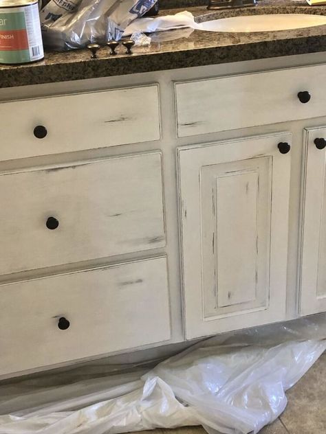 Paint Inside Door, Dark Granite Countertops, Chalk Paint Cabinets, Glass Light Covers, Painted Vanity Bathroom, Bathroom On A Budget, Painting Bathroom Cabinets, Master Bath Vanity, Painted Bathroom