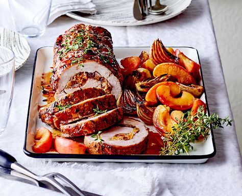 Fruit-Stuffed Pork Roast with Apples ( apple ) Smoked Pork Roast, Pork Roast With Apples, Pork Rib Roast, Sodium Foods, Currant Jelly, Stuffed Pork, Pork Roast Recipes, Dried Fruit Mix, Pork Loin Roast