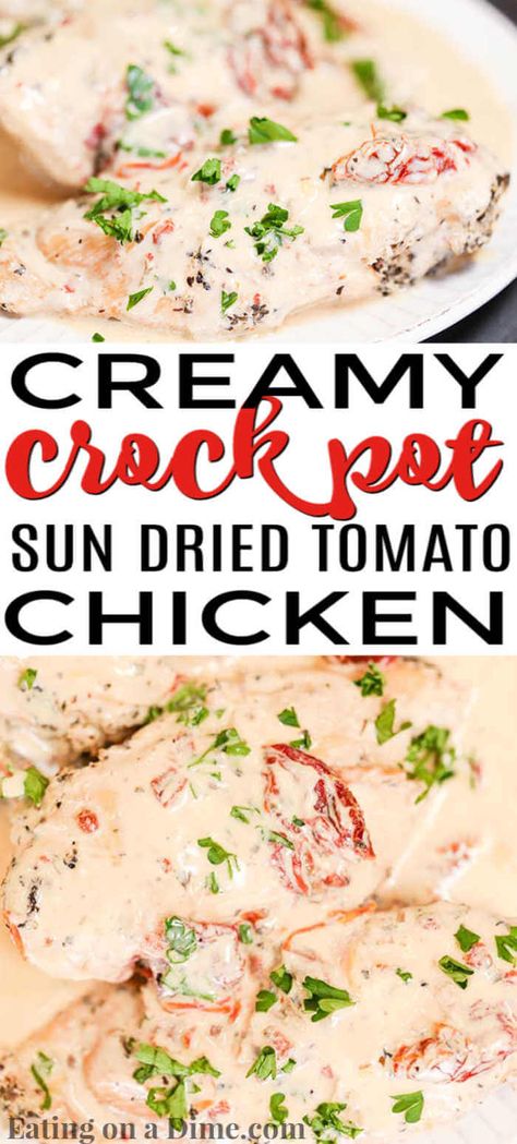 Slow Cooker Creamy Sun Dried Tomato Chicken Recipe is a big hit. The creamy sun dried tomato sauce is rich and decadent and we love it over pasta. Creamy Sun Dried Tomato Chicken, Creamy Sun Dried Tomato Sauce, Tomato Chicken Recipe, Pasta Crockpot, Sundried Tomato Recipes, Sun Dried Tomato Chicken, Sundried Tomato Chicken, Crockpot Pasta, Slow Cooker Creamy Chicken