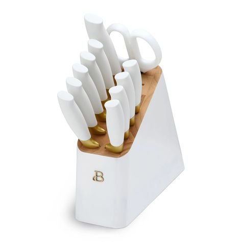 White Kitchen Knife Set, Stainless Steel Knife Set, Apartment Checklist, Kitchen Shears, Block Colour, Block Color, Knife Block Set, Gold Kitchen, Cutlery Sets