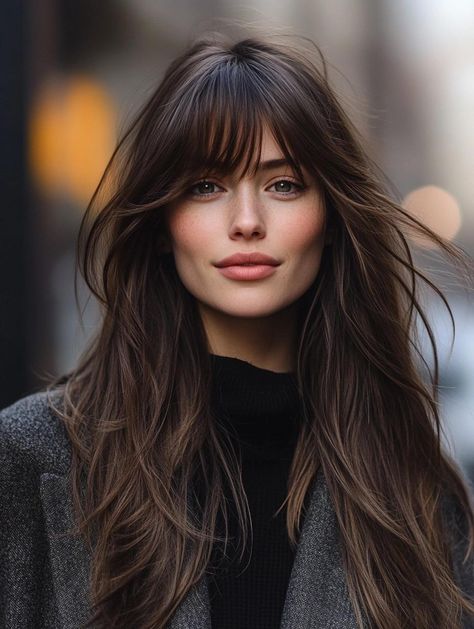 Effortless Elegance with Long Layers and Curtain Bangs for Every Hair Texture Medium Brown Hair Curtain Bangs, Straight Long Hair With Curtain Bangs, Curtain Layers Hair, Curtain Bangs Long Hair Balayage, Long Elegant Hair, Bangs With Long Layered Hair, Certain Bangs Long Hair, Haircuts For Long Hair With Layers And Bangs, Layers For Long Hair With Bangs