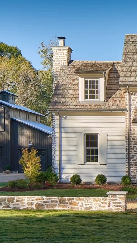 Exterior Fireplace On Porch, Exterior Fireplace Design, Fireplace In Front Of House Exterior, Traditional White Farmhouse Exterior, Fieldstone Exterior House, Mountain Brook Alabama Homes, Brick Fireplace Exterior, Cottage Homes Exterior, Modern Cottage Homes Exterior