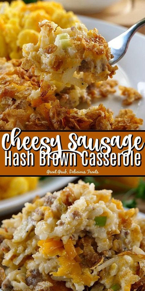 Cheesy Sausage Hash Brown Casserole is loaded with cheese, delicious sausage, creamy hash browns, sour cream and has a crunchy topping. #hashbrowns #breakfast #potatoes #delicious #greatgrubdelicioustreats Sausage Egg And Cheese Hashbrown Casserole, Hash Brown Sausage Egg Casserole, Hash Brown Sausage Casserole, Sausage Hash Brown Casserole, Hash Brown Breakfast Casserole, Sausage Hashbrown Breakfast Casserole, Hashbrown Breakfast, Sausage Hash, Hashbrown Breakfast Casserole