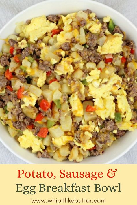 Everything that you need for a complete breakfast is in this Potato, Sausage and Egg Breakfast Bowl! The perfect way to jumpstart the day! Sausage Egg Potato Skillet Breakfast Recipes, Egg Sausage Scramble, Eggs Sausage Potatoes Breakfast, Eggs And Sausage Recipes, Sausage And Scrambled Eggs, Crumbled Sausage Recipes Breakfast, Sausage And Egg Scramble, Sausage Egg And Potato Skillet, Potato Scramble Breakfast