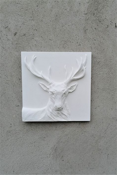 Plaster Relief Depicting a Deer, Deer Wall Sculpture, Wall Art Decoration. Bas Relief Tile, Plaster Paintings, White Facade, Tile Decoration, Plaster Relief, Drywall Art, Sculpture Wall Art, Animals And Nature, Deer Painting