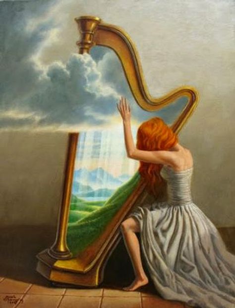 05-Light-Harp-Marcin-Kołpanowicz-Paintings-of-Creative-Surreal-Worlds-ready-to-Explore-www-designstack-co Playing The Harp, Celtic Harp, Harps Music, The Harp, Music Painting, Musical Art, Surrealism Painting, Harp, Surreal Art