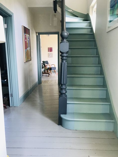 Painted Wooden Stairs With Runner, Green Painted Stairs With Runner, Stairs Paint Color Ideas, Painted Wood Staircase, Wooden Painted Stairs, Colorful Banister, Blue Stairs Painted, Painted Victorian Staircase, Painted Staircases Color